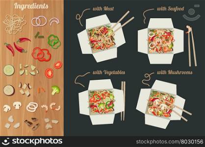 Chinese noodles with meat, seafood, vegetables and mushrooms in paper boxes. Ingredients for noodles wok.