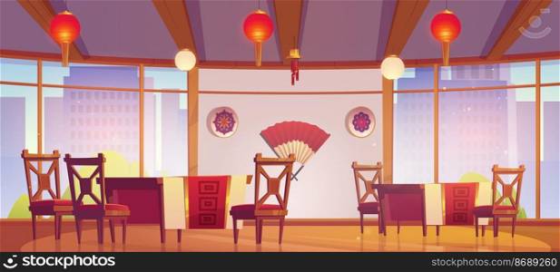 Chinese or japanese restaurant with wooden furniture, red asian lanterns and fan on wall. Vector cartoon illustration of empty china cafe interior with tables, chairs and windows with city view. Chinese or japanese restaurant or cafe interior
