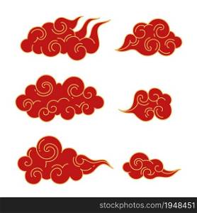 Chinese oriental curling clouds. Traditional decorative curve cloud. Red and golden asian cumulus, abstract festive silhouettes, decor elements collection. Vector isolated on white background set. Chinese oriental curling clouds. Traditional decorative curve cloud. Red and golden asian cumulus, abstract festive silhouettes, decor elements collection. Vector isolated set