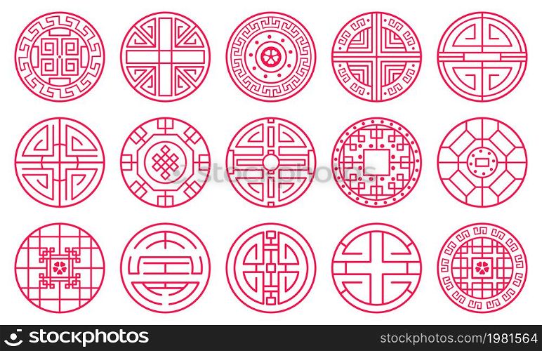 Chinese oriental decorative ornament round festive frames. Traditional oriental round elements vector illustration set. Asian decorative frame. Oriental pattern chinese ornament decoration. Chinese oriental decorative ornament round festive frames. Traditional oriental round elements vector illustration set. Asian decorative frame