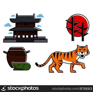 Chinese oriental various symbolic icons set. Traditional japanese building architectural type and floral elements. Pot with some food and animal mammal tiger, isolated on vector illustration. Chinese oriental various symbolic icons set vector illustration