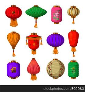 Chinese paper lanterns icons set in cartoon style on a white background . Chinese paper lanterns icons set, cartoon style