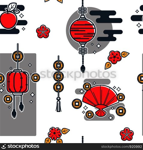 Chinese paper lanterns, traditional Asian lights seamless pattern isolated on white background vector. Hand fan and floral decoration, oriental ornaments and symbolic images. Flowers and clouds. Chinese paper lanterns, traditional Asian lights seamless pattern