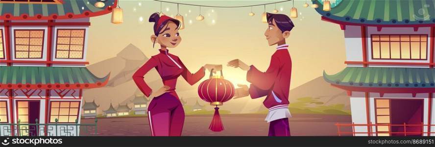 Chinese people celebrate lunar New Year in China village. Man and woman in traditional costumes holding red lantern on Asian street with oriental houses and garlands decor, Cartoon vector illustration. Chinese people celebrate New Year in China village