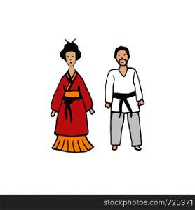 Chinese people in traditional clothes. Man and woman icon. Sticker vector illustration. Chinese people in traditional clothes. Man and woman icon. Sticker vector illustration.