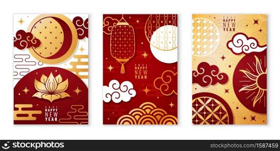 Chinese posters. Asian new year cards with decorative traditional elements, oriental style patterns, festive lanterns, sun moon and clouds. Elegant golden and red colored vector vertical banners set. Chinese posters. Asian new year cards with decorative traditional elements, oriental style patterns, festive lanterns, sun moon and clouds. Golden and red colored vector vertical banners
