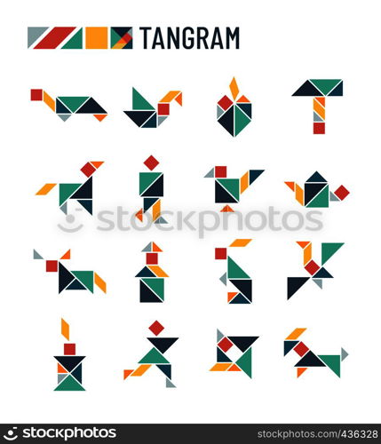 Chinese puzzle shapes cutting intellectual kids game - tangram origami vector set. Triangle and square parts of puzzle for tangram illustration. Chinese puzzle shapes cutting intellectual kids game - tangram origami vector set