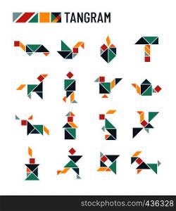 Chinese puzzle shapes cutting intellectual kids game - tangram origami vector set. Triangle and square parts of puzzle for tangram illustration. Chinese puzzle shapes cutting intellectual kids game - tangram origami vector set