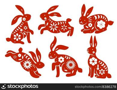 Chinese rabbit New Year. Red traditional bunnies silhouettes. Decorative floral elements. 2023 animal poses. Horoscope character. Asian lunar calendar. Zodiac hare with flowers. Classy vector set. Chinese rabbit New Year. Traditional bunnies silhouettes. Decorative floral elements. 2023 animals. Horoscope character. Asian lunar calendar. Zodiac hare with flowers. Classy vector set