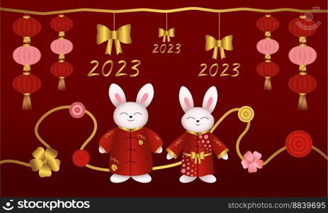 Chinese rabbits, bunnies, hare in red kimono. Vector illustration. Chinese new year design element for cover, print, postcards, web, invitations, posters and announcements of the party. Chinese new year. Rabbits, bunnies, hare in red kimono, Lanterns, bow, 2023, monet Vector illustration.
