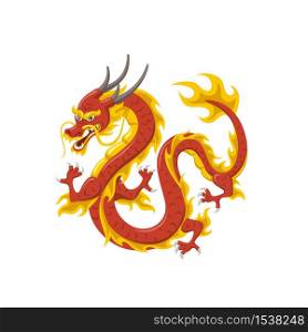 Chinese red dragon symbol of power and wisdom flying isolated on white background. Cartoon asian mythology character mascot surrounded by flame graphic vector illustration. Chinese red dragon symbol of power and wisdom flying isolated on white background