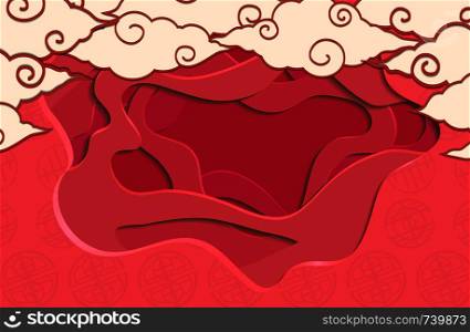 Chinese red greeting card with 3d chinese clouds and background cut out of paper. Vector illustration for card, invitation and your design. Chinese red greeting card with 3d chinese clouds and background cut out of paper. Vector illustration