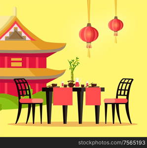 Chinese restaurant outdoor table and house with pagoda vector. Bowl with chopsticks and teapot, jug of lemonade and bamboo in vase, chair and lanterns. Chinese Restaurant Table and House with Pagoda