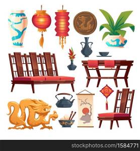 Chinese restaurant stuff isolated set. Traditional asian cafe decor, red lantern, wooden table and chairs, vase and coin with dragon, rice in bowl with sticks, tea pot, Cartoon vector illustration. Chinese restaurant stuff, asian decor isolated set