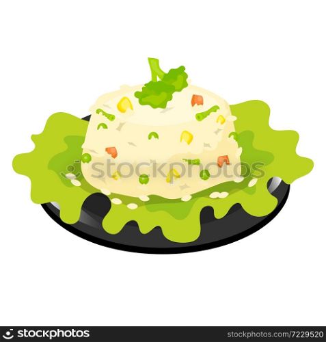 Chinese rice with vegetables color icon. Asian risotto, pilaf. Eastern traditional cuisine. Barley salad with herbs. Chineese food with different vegetables. Isolated vector illustration. Chinese rice with vegetables color icon