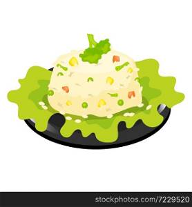 Chinese rice with vegetables color icon. Asian risotto, pilaf. Eastern traditional cuisine. Barley salad with herbs. Chineese food with different vegetables. Isolated vector illustration. Chinese rice with vegetables color icon