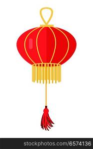 Chinese round red lamp ball isolated on white. Traditional oriental hanging lantern with yellow tassels. Vector illustration of decorative thing for building lighting. Chandelier in asian style. Chinese Round Red Lamp Ball. Oriental Lantern
