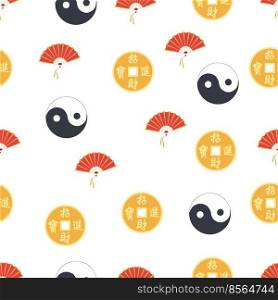 Chinese seamless pattern with feng shui chinese coin with hole, yin-yang, fan, paper lantern.. Chinese seamless pattern with feng shui chinese coin with hole, yin-yang, fan, paper lantern