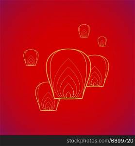 chinese sky flying floating lanterns. vector gold traditional Chinese floating sky lanterns Kongming yellow contour illustration design on red background