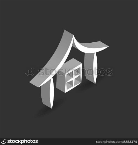 Chinese style isometric building icon on the black background