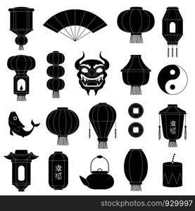 Chinese symbols silhouettes. Asian paper lanterns mask of dragon fish traditional china festive black vector illustrations. Chinese symbol, dragon and lantern. Chinese symbols silhouettes. Asian paper lanterns mask of dragon fish traditional china festive black vector illustrations