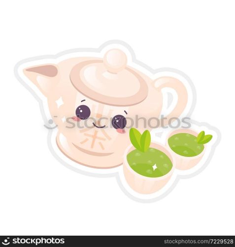 Chinese tea ceremony cute kawaii vector character. Teapot with smiling face. Asian green tea. Chinese traditions and culture. Funny emoji, emoticon. Isolated cartoon color illustratio. Chinese tea ceremony cute kawaii vector character