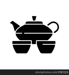 Chinese tea set black glyph icon. Kitchen utensils. Serving hot drink. Traditional chinese ceremony. Ancient japanese culture. Silhouette symbol on white space. Vector isolated illustration. Chinese tea set black glyph icon