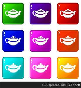 Chinese teapot icons of 9 color set isolated vector illustration. Chinese teapot icons 9 set