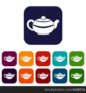Chinese teapot icons set vector illustration in flat style In colors red, blue, green and other. Chinese teapot icons set flat