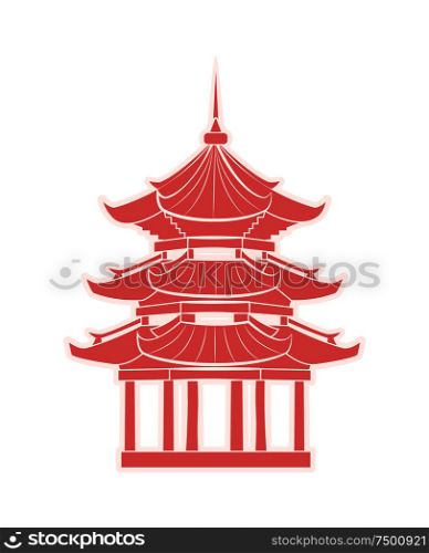 Chinese temple with pagoda travel sticker. Oriental landmark or sight, construction of pillars and cone roofs from China vector illustration isolated.. Chinese Temple with Pagoda Travel Sticker Isolated