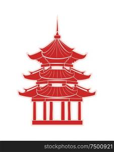 Chinese temple with pagoda travel sticker. Oriental landmark or sight, construction of pillars and cone roofs from China vector illustration isolated.. Chinese Temple with Pagoda Travel Sticker Isolated
