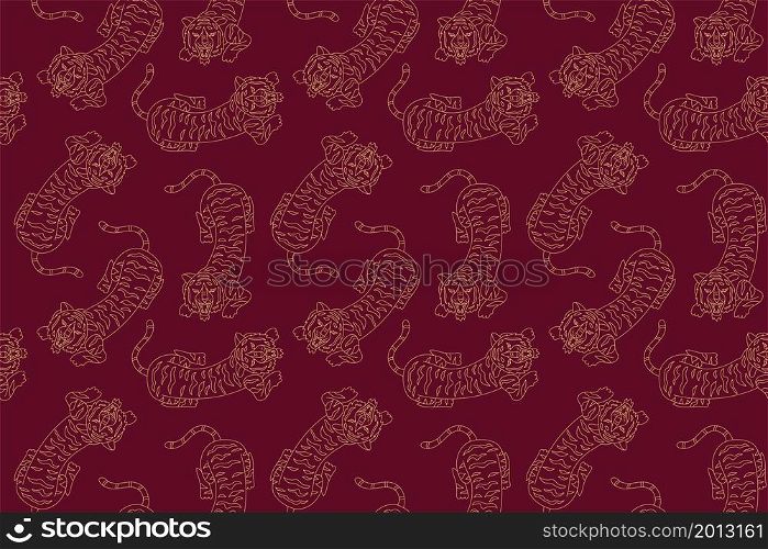 Chinese tiger seamless pattern. Lunar 2022 New Year design template. Zodiac sign. Animal silhouette. Horoscope symbol