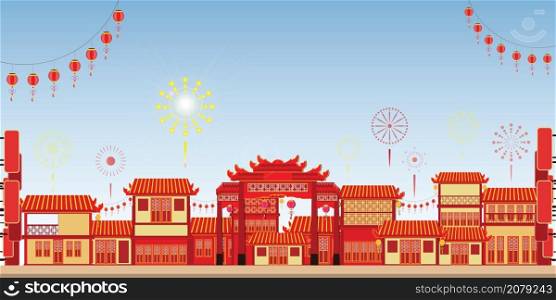 Chinese town celebrate party new year in China Town ,happy chinese new year paper art and craft style vector illustration.