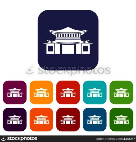Chinese traditional building. icons set vector illustration in flat style In colors red, blue, green and other. Chinese icons set flat