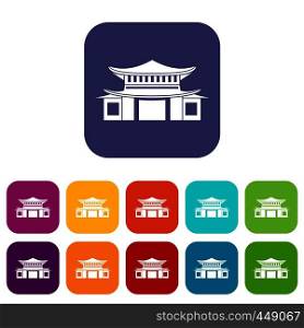 Chinese traditional building. icons set vector illustration in flat style In colors red, blue, green and other. Chinese icons set flat