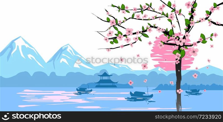 Chinese traditional or Japanese landscape, with pagoda and mountains, flowering tree. Chinese traditional or Japanese landscape, with pagoda and mountains, flowering tree, sunset sea fisherman boats, silhouettes. Isolated illustration vector
