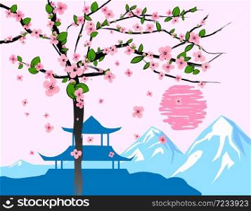 Chinese traditional or Japanese landscape, with pagoda and mountains, flowering tree. Chinese traditional or Japanese landscape, with pagoda and mountains, flowering tree, sunset, silhouettes. Isolated illustration vector