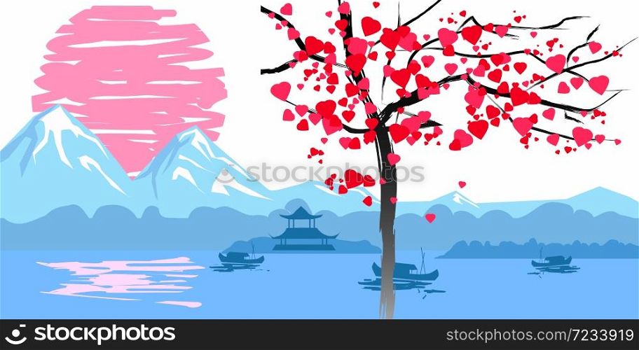 Chinese traditional or Japanese landscape, with pagoda and mountains, flowering tree hearts. Chinese traditional or Japanese landscape, with pagoda and mountains, flowering tree hearts, sunset sea fisherman boats, silhouettes. Isolated illustration vector