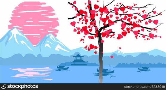 Chinese traditional or Japanese landscape, with pagoda and mountains, flowering tree hearts. Chinese traditional or Japanese landscape, with pagoda and mountains, flowering tree hearts, sunset sea fisherman boats, silhouettes. Isolated illustration vector