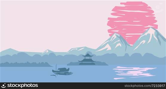 Chinese traditional or Japanese landscape, with pagoda and mountains, sunset sea. Chinese traditional or Japanese landscape, with pagoda and mountains, sunset sea fisherman boats, silhouettes. Isolated illustration vector