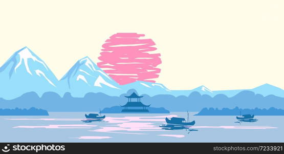 Chinese traditional or Japanese landscape, with pagoda and mountains, sunset sea. Chinese traditional or Japanese landscape, with pagoda and mountains, sunset sea fisherman boats, silhouettes. Isolated illustration vector