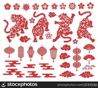 Chinese traditional ornaments. Oriental decorative traditional elements, tigers in different poses, red silhouette asian symbols, various flowers, curly clouds and festive lanterns vector isolated set. Chinese traditional ornaments. Oriental decorative traditional elements, tigers in different poses, red silhouette asian symbols, various flowers, clouds and lanterns vector isolated set