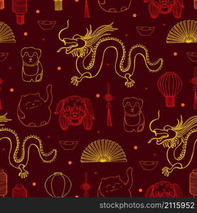 Chinese vector seamless pattern. Hand drawn sketch illustration