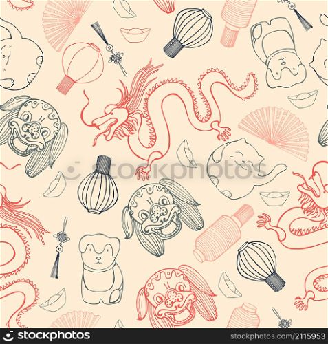 Chinese vector seamless pattern. Hand drawn sketch illustration