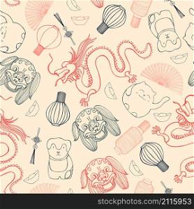 Chinese vector seamless pattern. Hand drawn sketch illustration