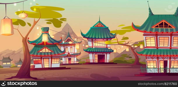 Chinese village street with old traditional typical houses and garland with lanterns hang on green trees. Ancient asian area surrounded with picturesque mountains landscape Cartoon vector illustration. Chinese village street with old typical houses
