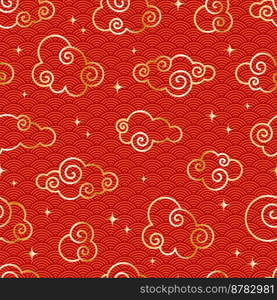 Chinese vintage cloud seamless pattern. Red background with golden sky and stars. Traditional oriental ornament. Vector illustration.. Chinese vintage cloud seamless pattern. Red background with golden sky and stars. Traditional oriental ornament. Vector