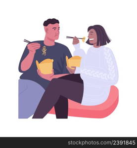 Chinese wok isolated cartoon vector illustrations. Couple eating Chinese wok together, holding chopsticks in hands, fast food addiction, takeaway noodles, leisure time vector cartoon.. Chinese wok isolated cartoon vector illustrations.