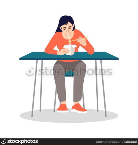 Chinese woman eating noodles with chopsticks semi flat RGB color vector illustration. Quick lunch at home. Young lady enjoying asian fast food isolated cartoon character on white background. Chinese woman eating noodles with chopsticks semi flat RGB color vector illustration