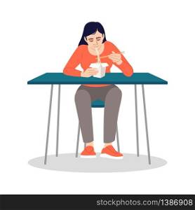 Chinese woman eating noodles with chopsticks semi flat RGB color vector illustration. Quick lunch at home. Young lady enjoying asian fast food isolated cartoon character on white background. Chinese woman eating noodles with chopsticks semi flat RGB color vector illustration